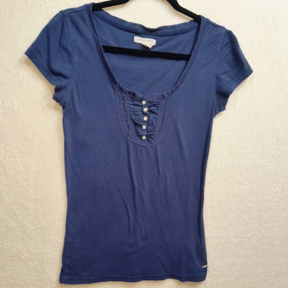 VTG Aeropostale Blue Henley T Shirt Ruffle Scoop Neck Cap Sleeve Top Size L
